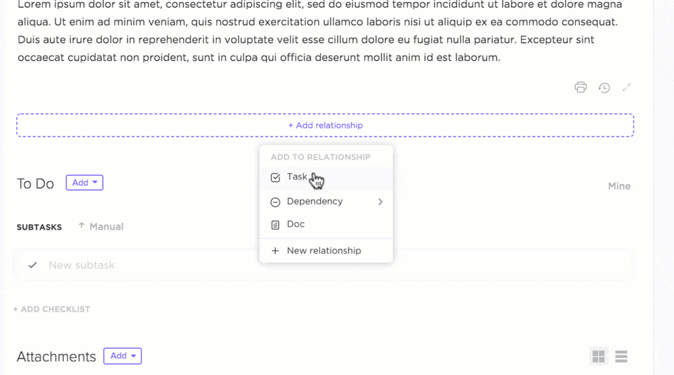 ClickUp Bidirektionale Verknüpfung mit Funktionen für Beziehungen