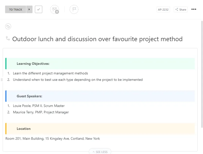 ClickUp-Vorlage für den Lunch-and-Learn-Zeitplan