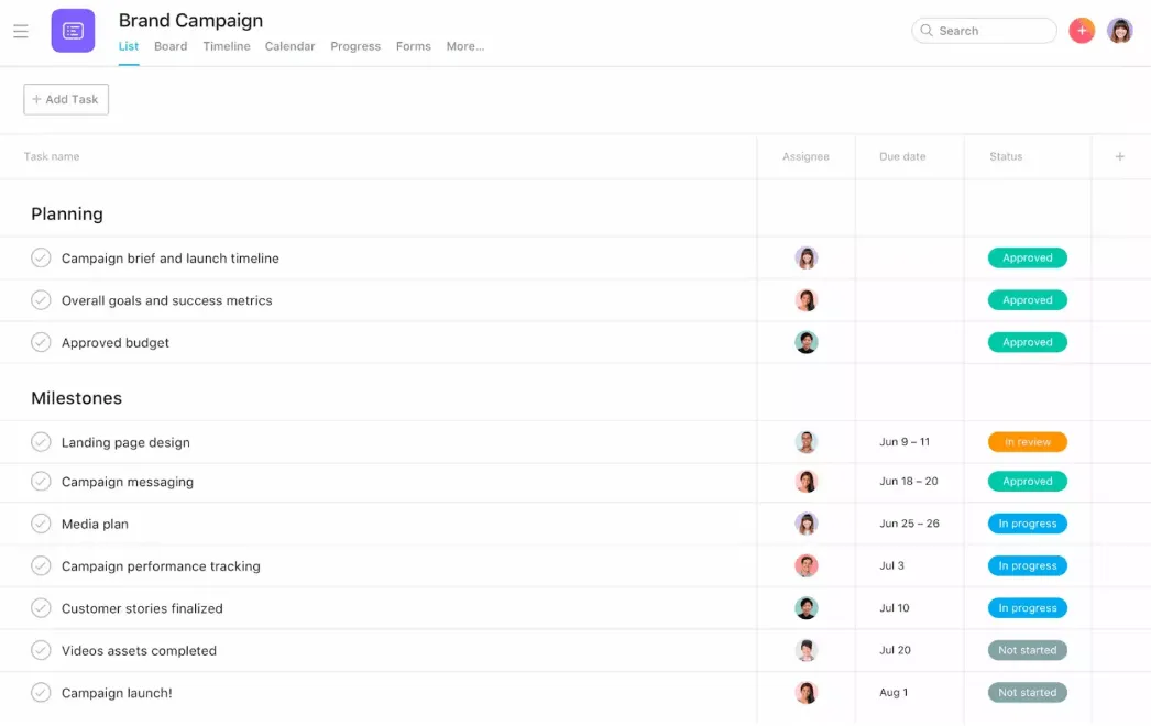Beispiel für die Verwendung von Projektmanagement-Software und die Erstellung einer Karte für ein Projekt zur Markenkampagne in Asana