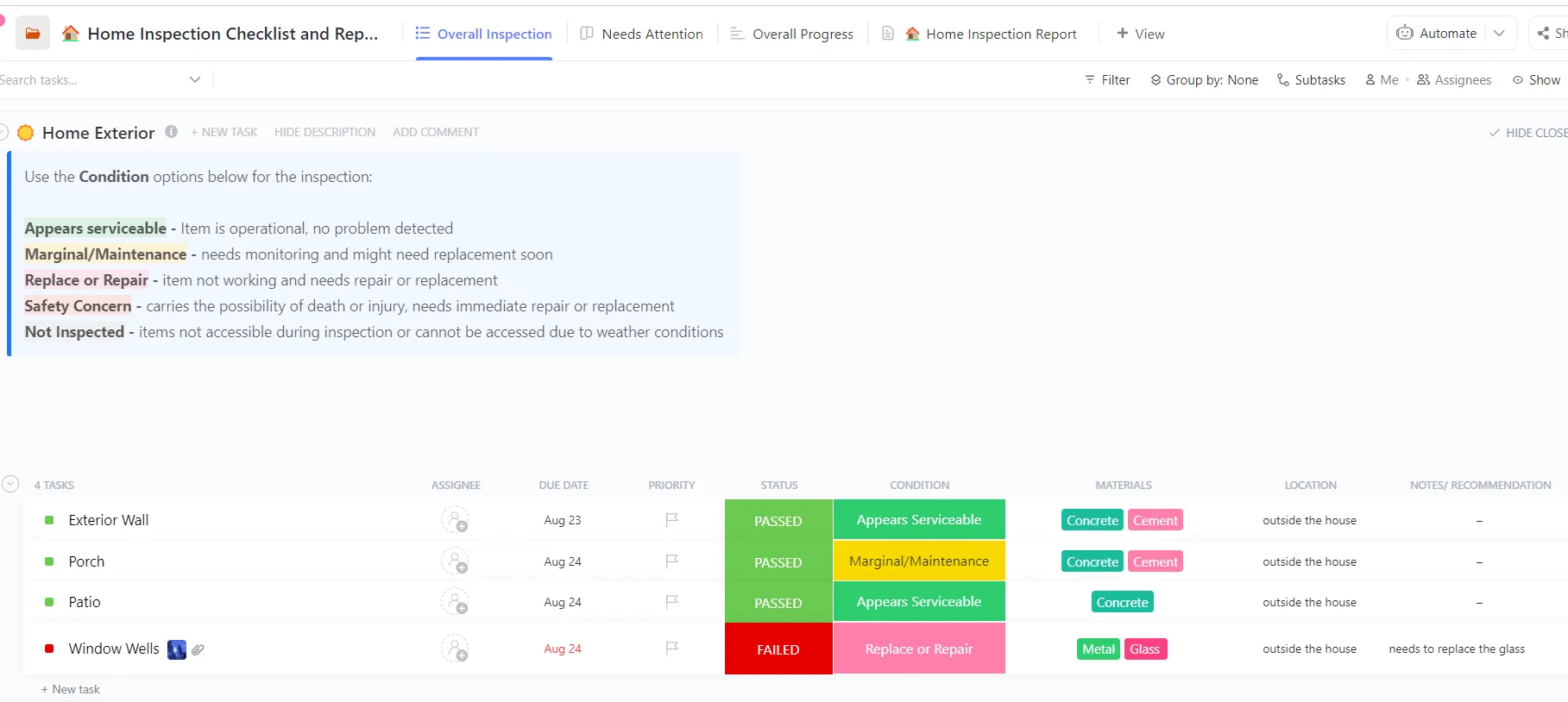 Comblez le fossé entre les notes prises sur le terrain et les rapports finaux grâce au modèle de checklist et de rapport d'inspection immobilière ClickUp.