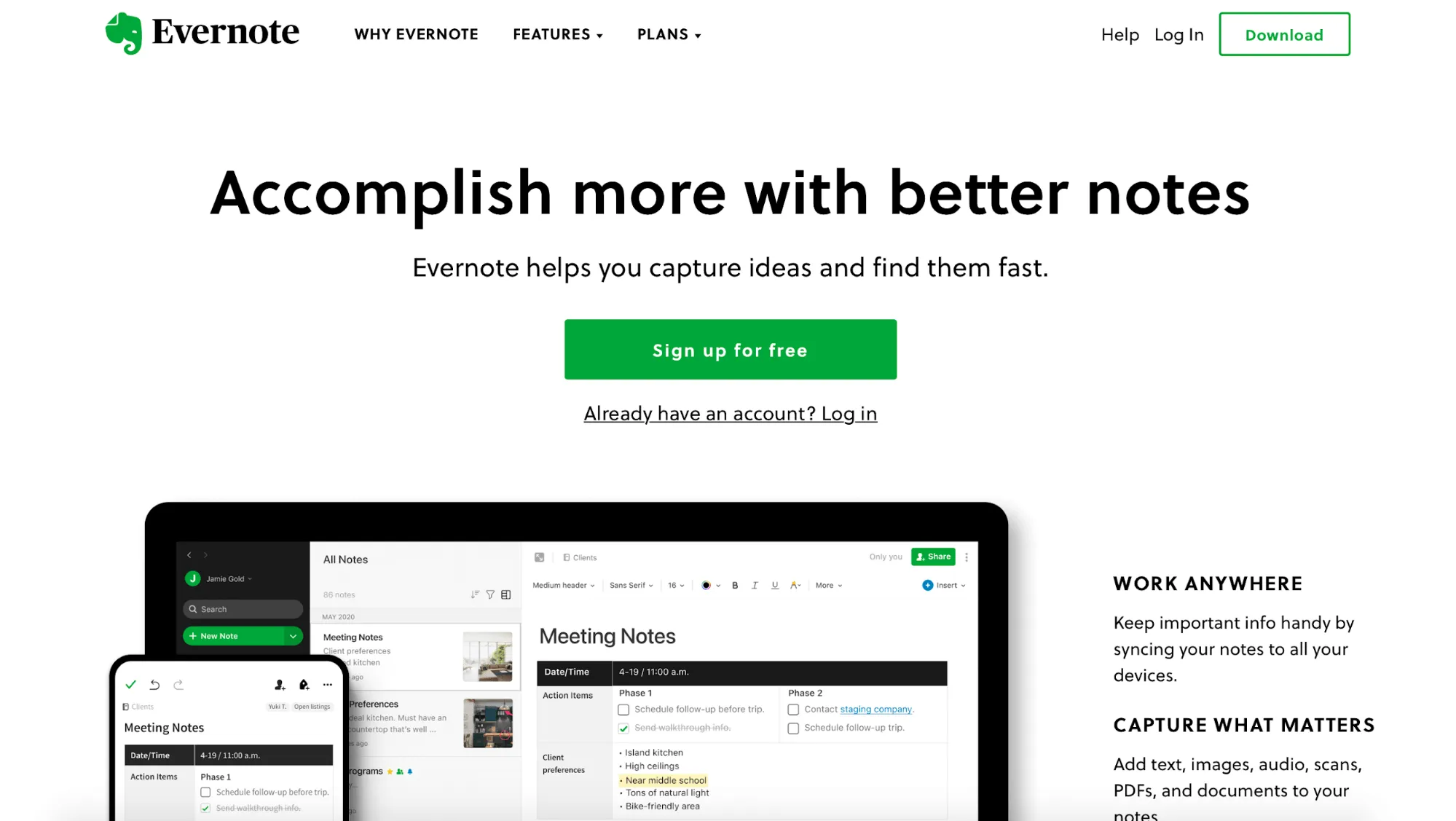Página de inicio de Evernote