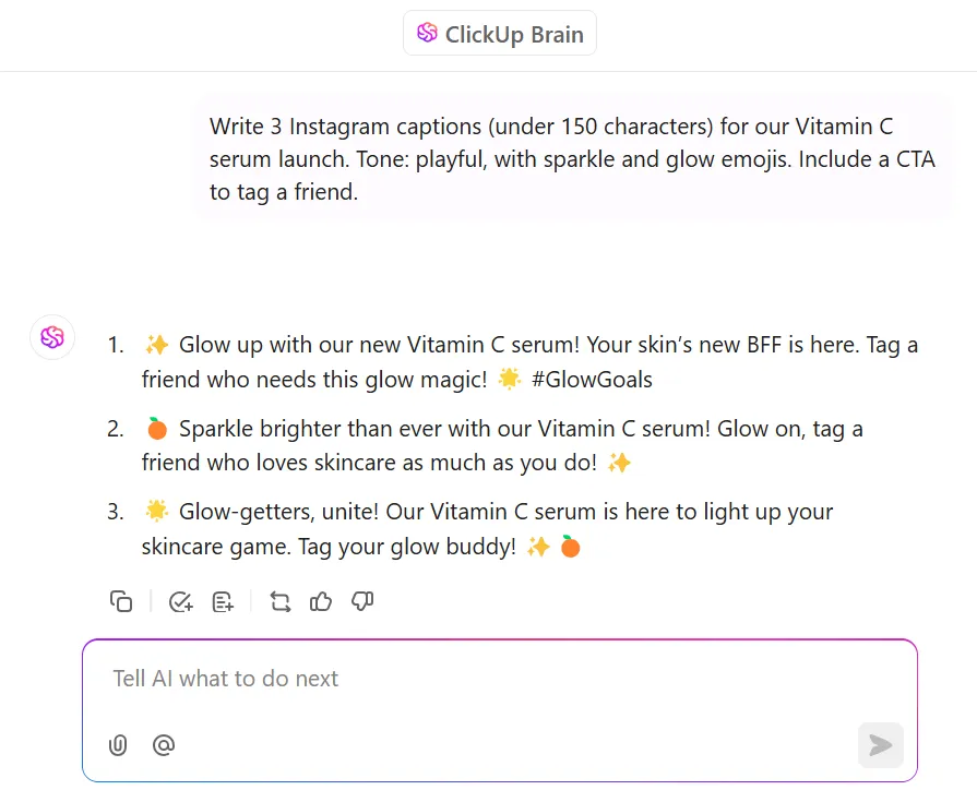 ClickUp Brain을 사용하여 소셜 미디어용 캡션을 생성하세요