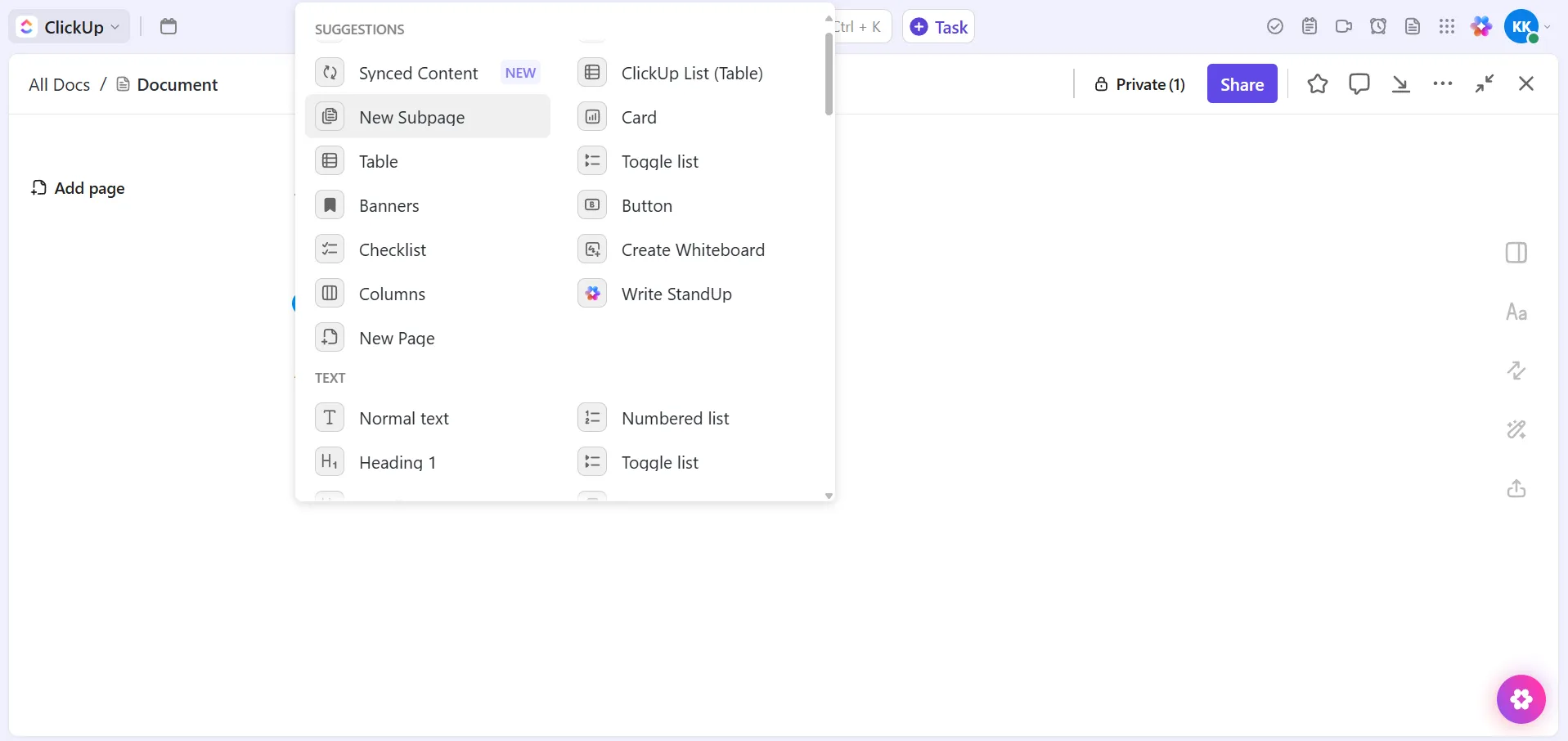 Utilice los comandos de barra inclinada «/» para añadir títulos, tablas y dar formato al texto en ClickUp Documentos.