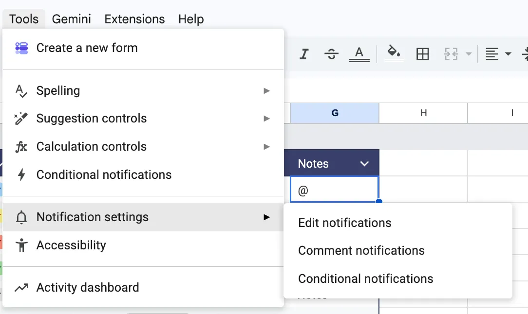 Strumenti > Impostazioni notifiche > Modifica notifiche: Project management in Fogli Google