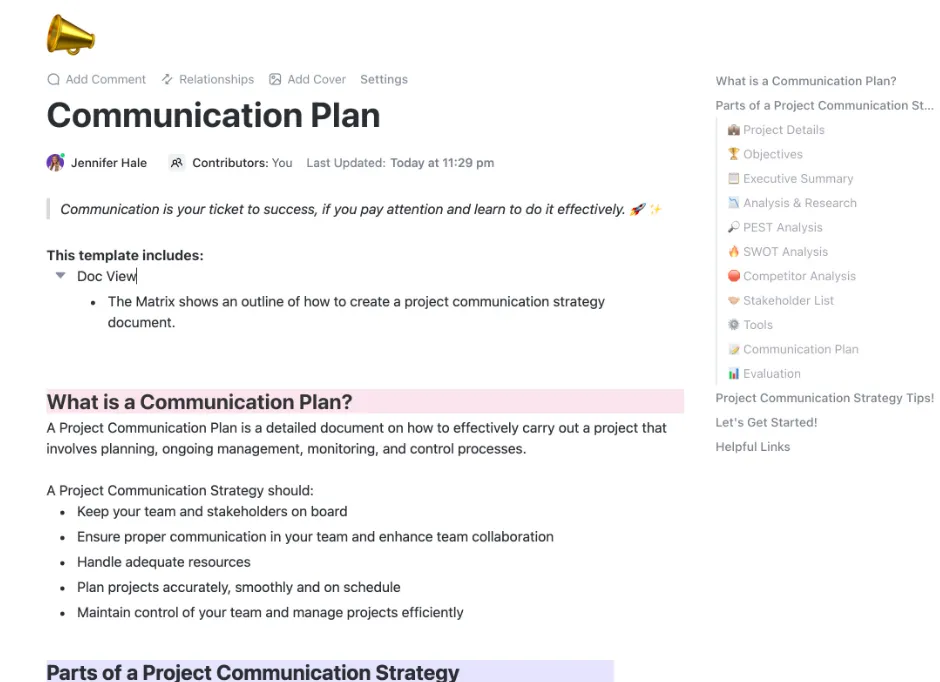Modèle de plan marketing immobilier : modèle de plan de communication ClickUp