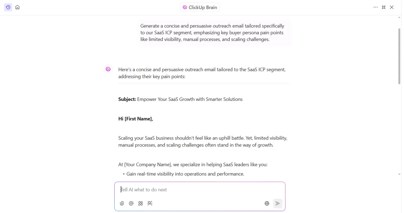 รับเนื้อหาที่ปรับให้เหมาะกับกลยุทธ์การขายของคุณด้วย ClickUp Brain