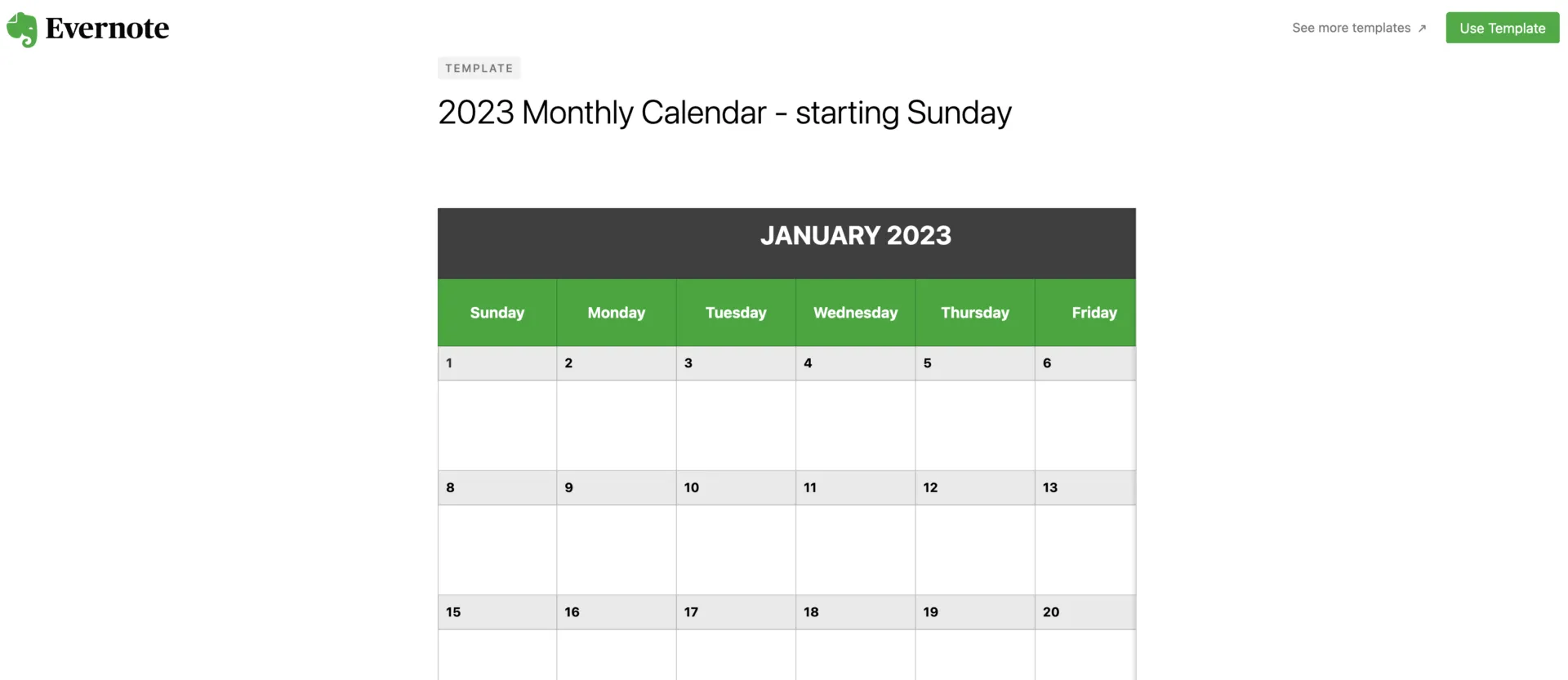 Beispiel für eine Evernote-Vorlage für einen Monatskalender