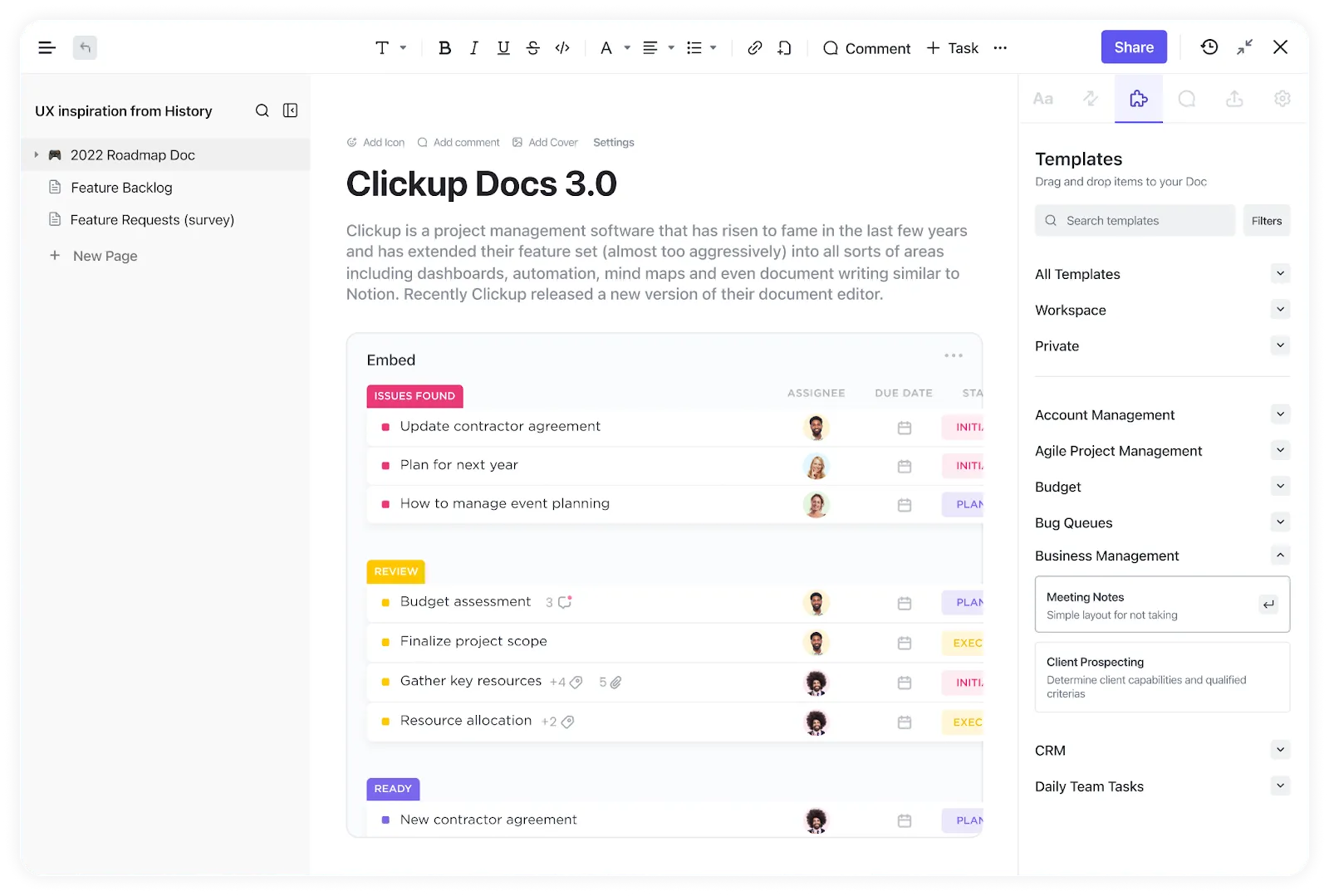 ClickUp Dokumente: Liste idealer Clients