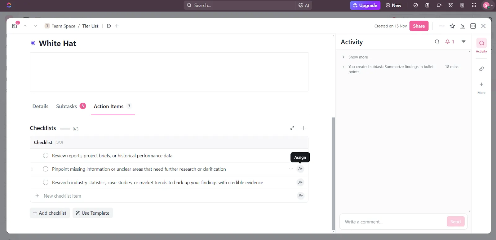 สร้างรายการดำเนินการด้วยรายการตรวจสอบงานของ ClickUp: เทคนิคหมวกหกใบ