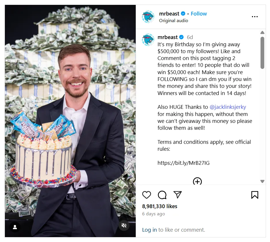 Sorteo de cumpleaños de Mr Beast en Instagram: métodos para captar la atención de la audiencia de un vlog.