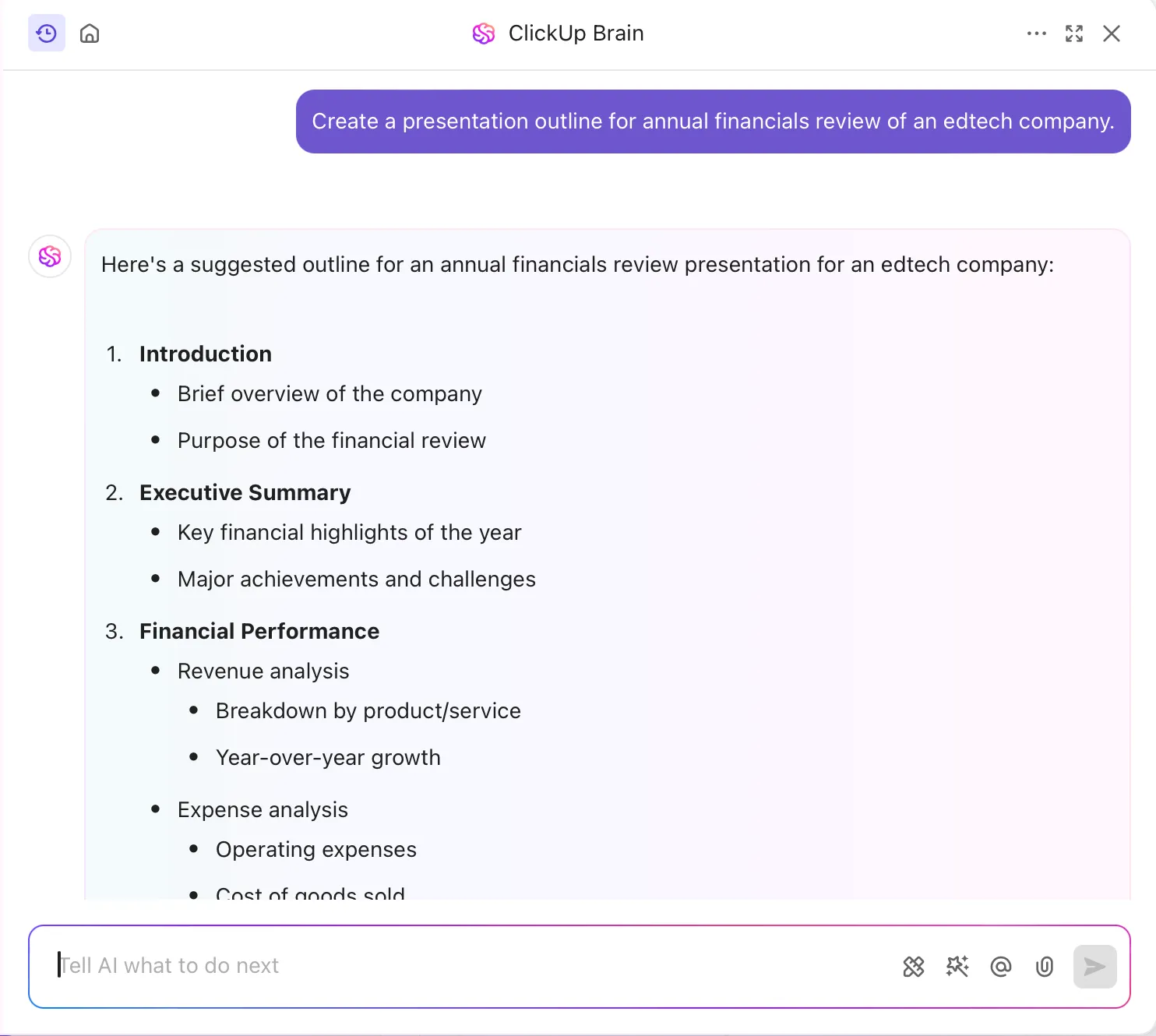 Créez des plans de présentation et des idées avec ClickUp Brain.