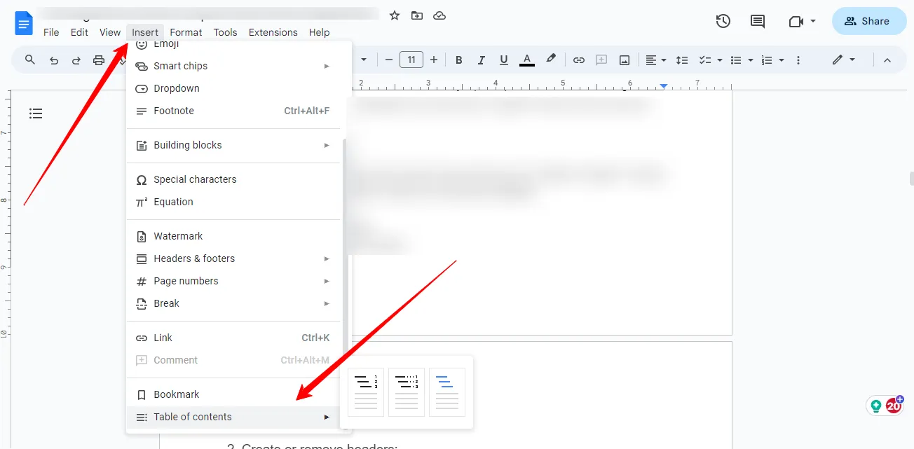 bảng nội dung trong tài liệu Google