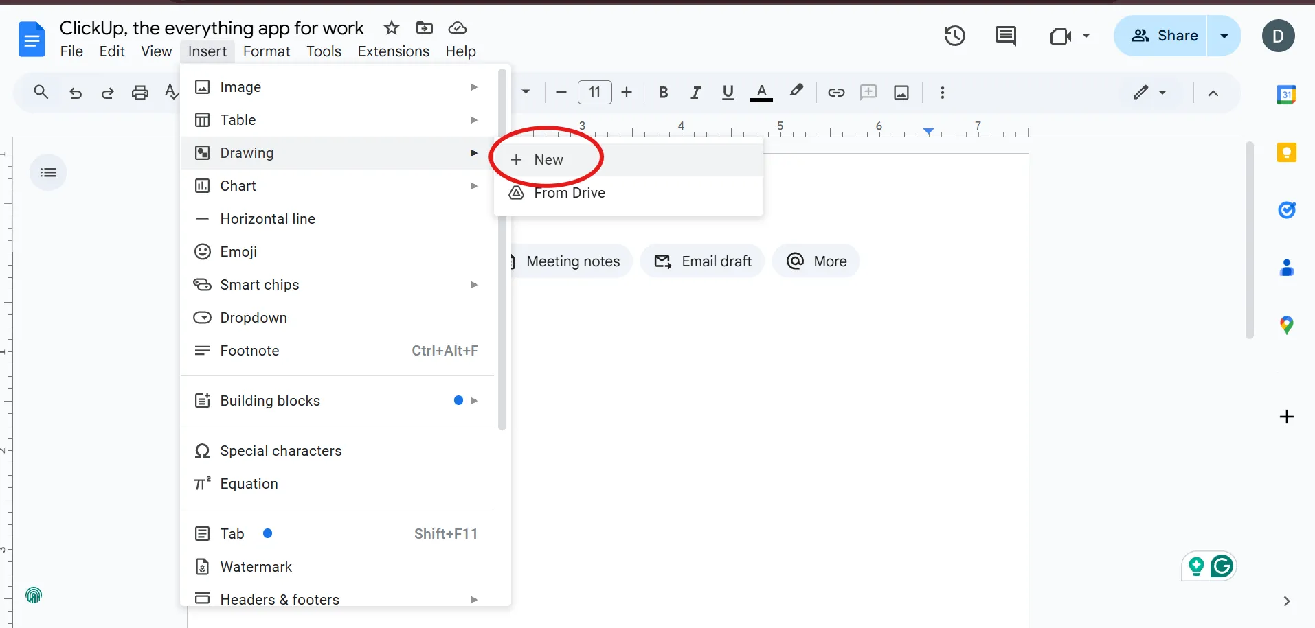 Passa con il mouse su Disegno e clicca su + Nuovo: come inserire annotazioni su Documenti Google