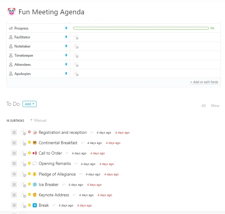 Quebra-gelos para o Zoom: Modelo de agenda de reunião divertida do ClickUp