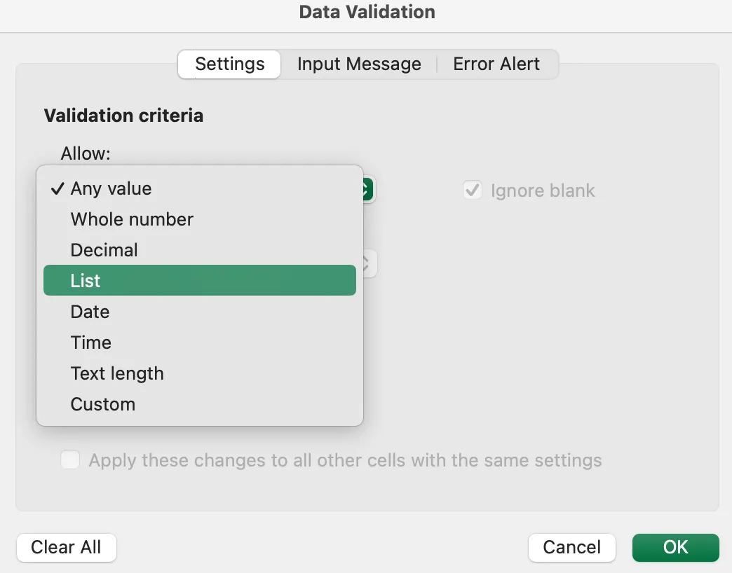 Excel'de anket için liste seçeneklerine izin verin