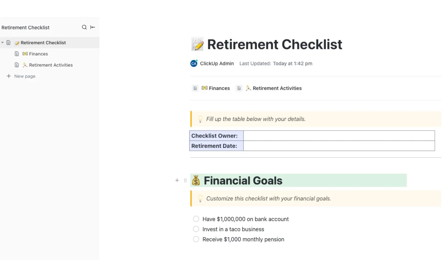 Modèle de checklist pour la retraite ClickUp