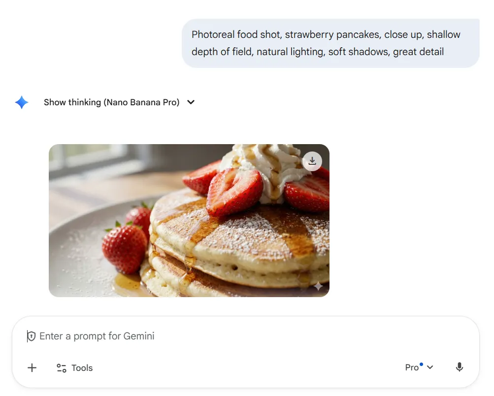 Fotorealistische Lebensmittelfotografie, Erdbeerpfannkuchen, Nahaufnahme, geringe Schärfentiefe, natürliches Licht, weiche Schatten, detailreich – Nano Banana-Prompts