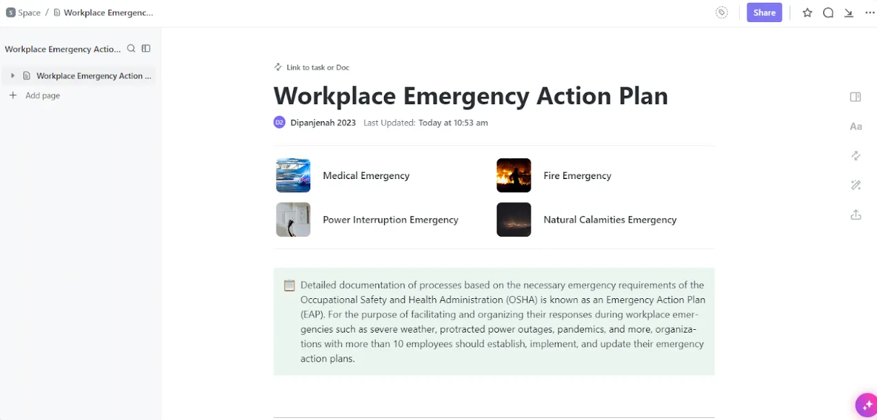 Plantilla de plan de acción de emergencia para el lugar de trabajo de ClickUp: Plantillas de manuales de procedimientos