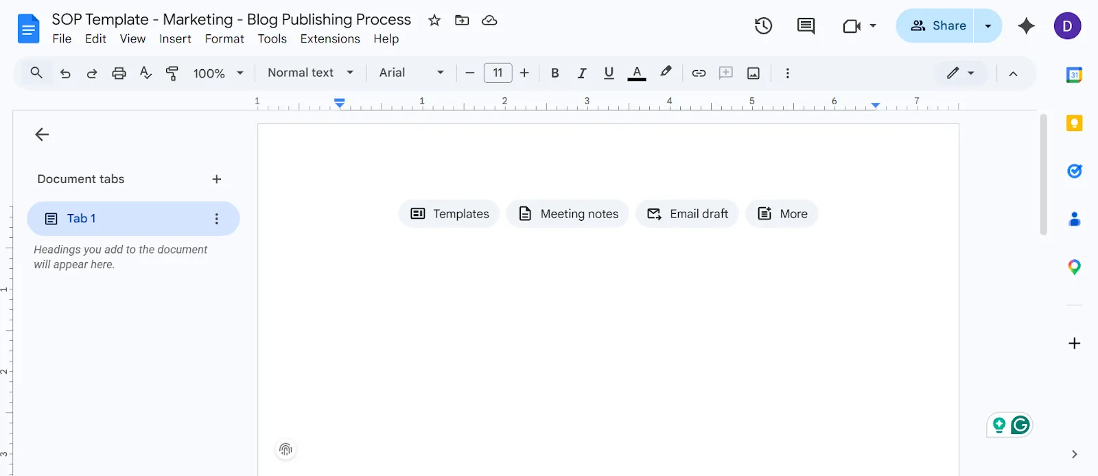 أنشئ مستندًا جديدًا في Google Docs وقم بتسميته باستخدام تنسيق نموذج إجراءات التشغيل القياسية (SOP) المتسق