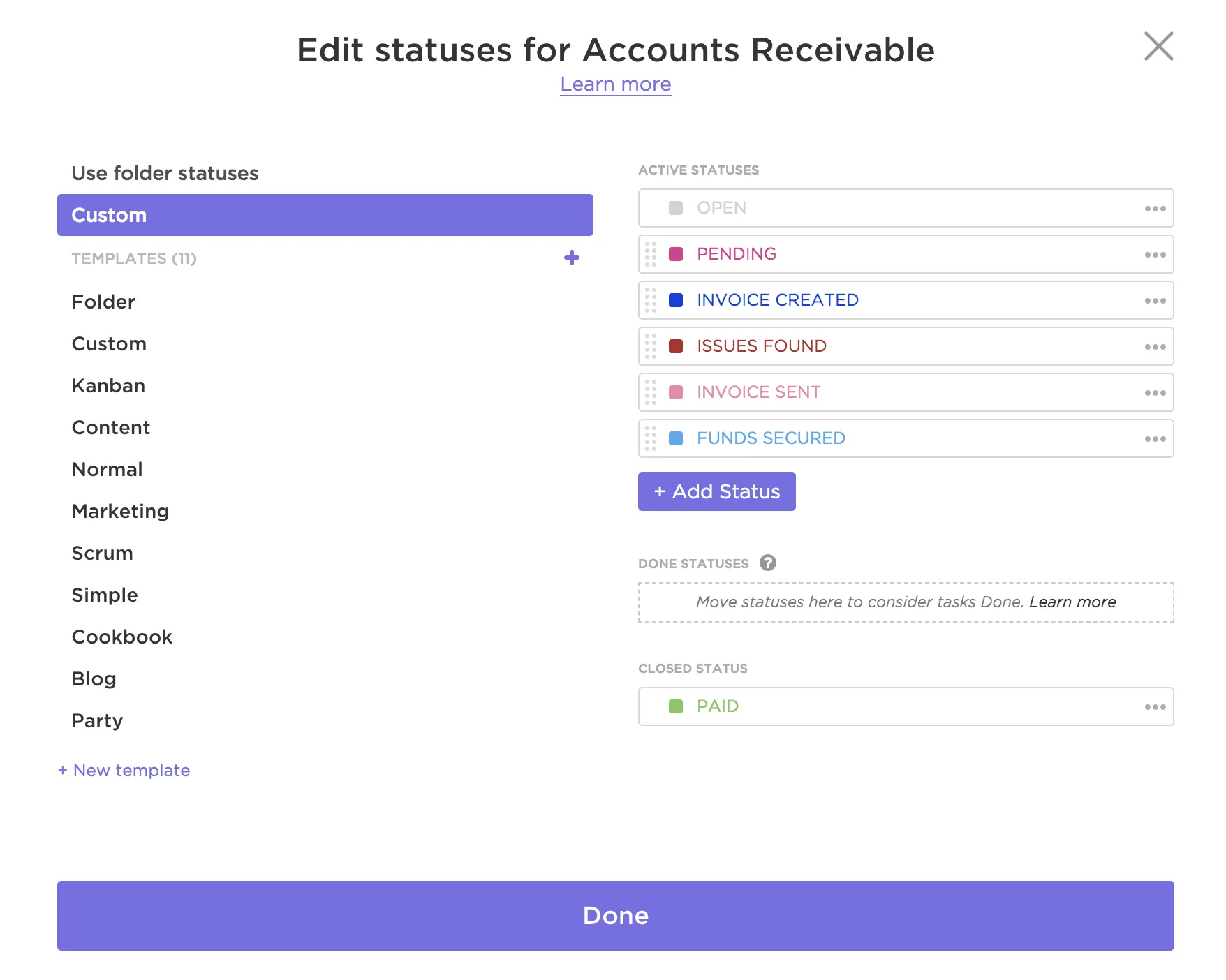 Statuts personnalisés dans ClickUp