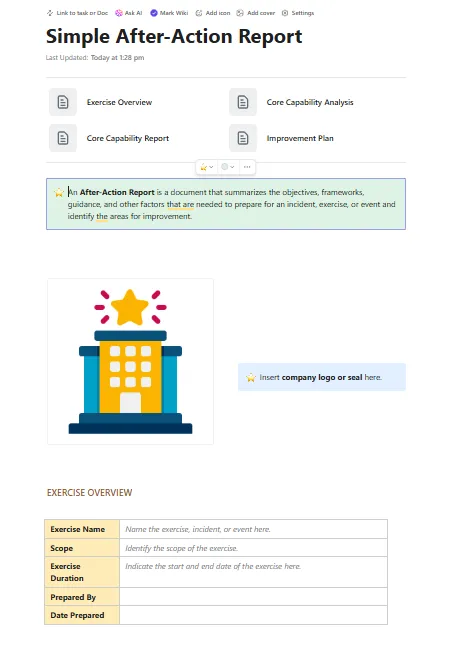 เทมเพลตรายงานหลังการดำเนินงานแบบง่ายของ ClickUp