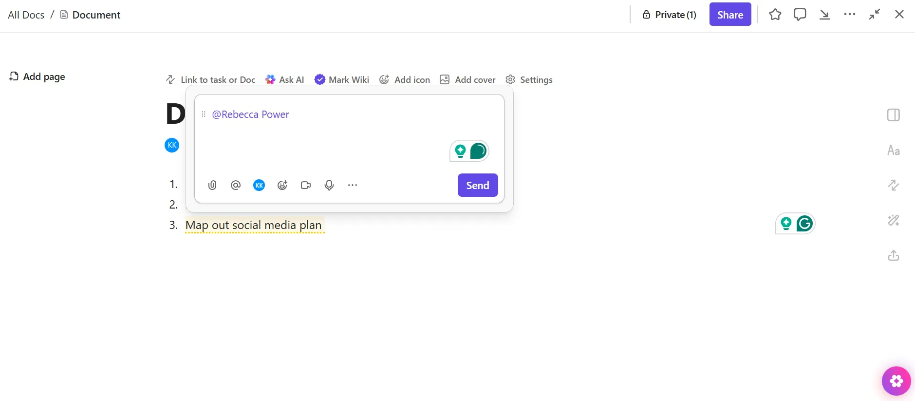 Haga clic en el icono «comentario» y asigne elementos específicos con ClickUp Asignar comentarios: cómo insertar Excel en Word.