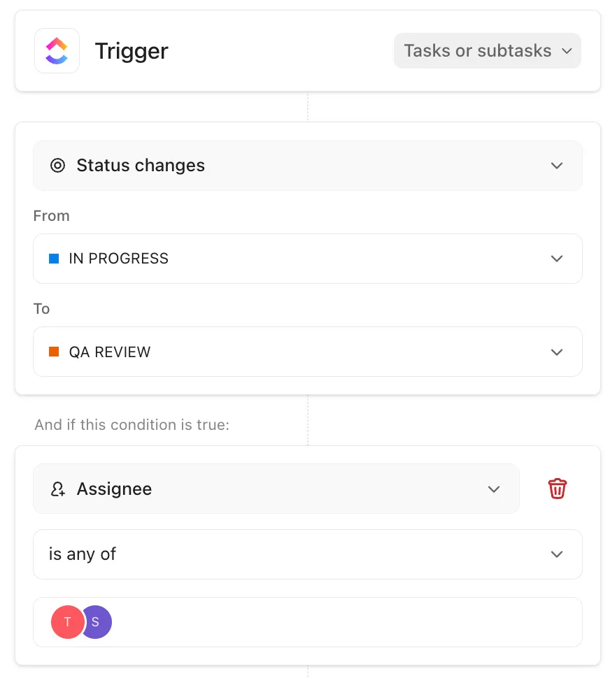 Use as condições de automação no ClickUp para personalizar gatilhos de agentes
