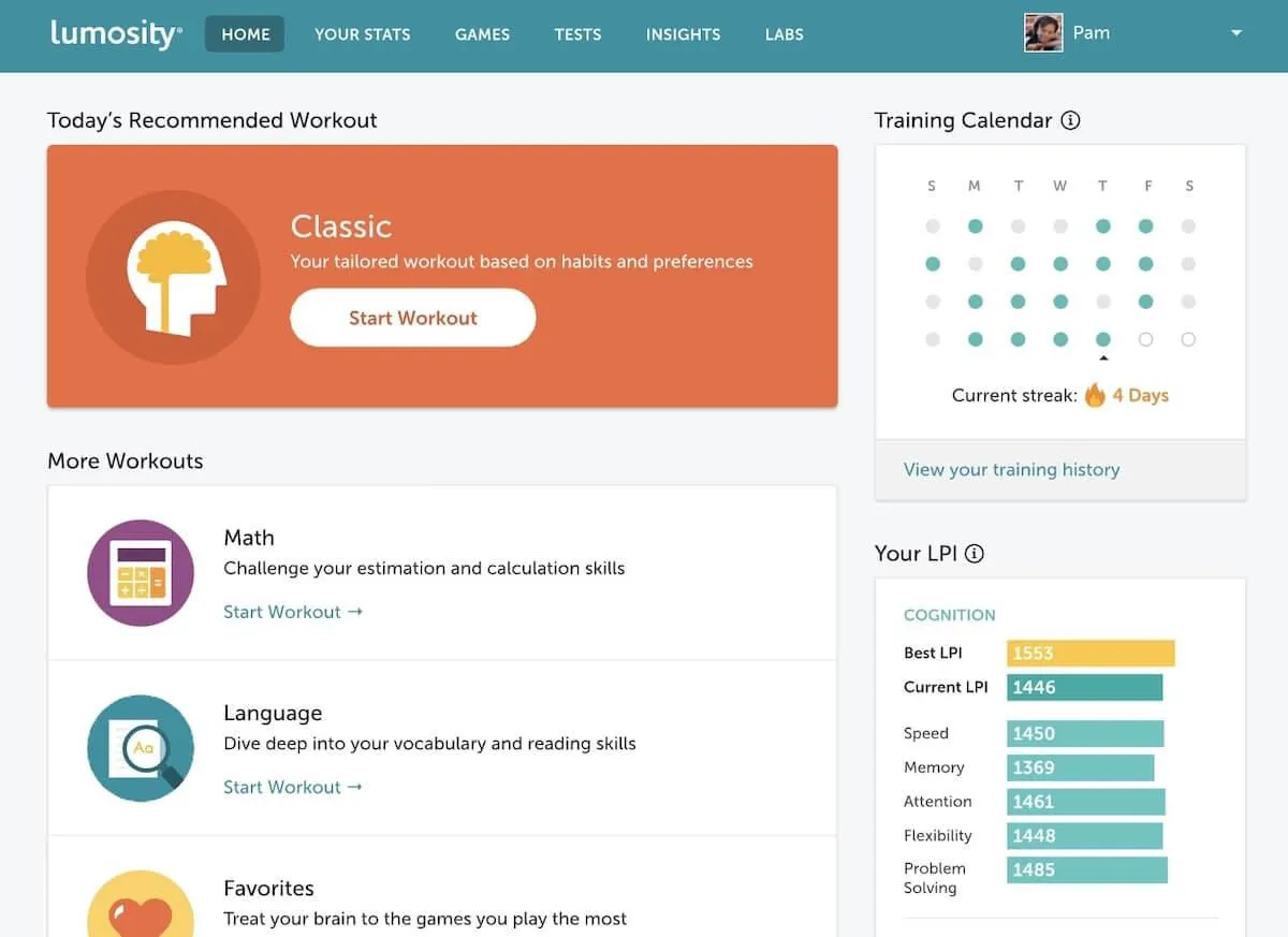Herramientas de desarrollo personal: página de inicio de Lumosity