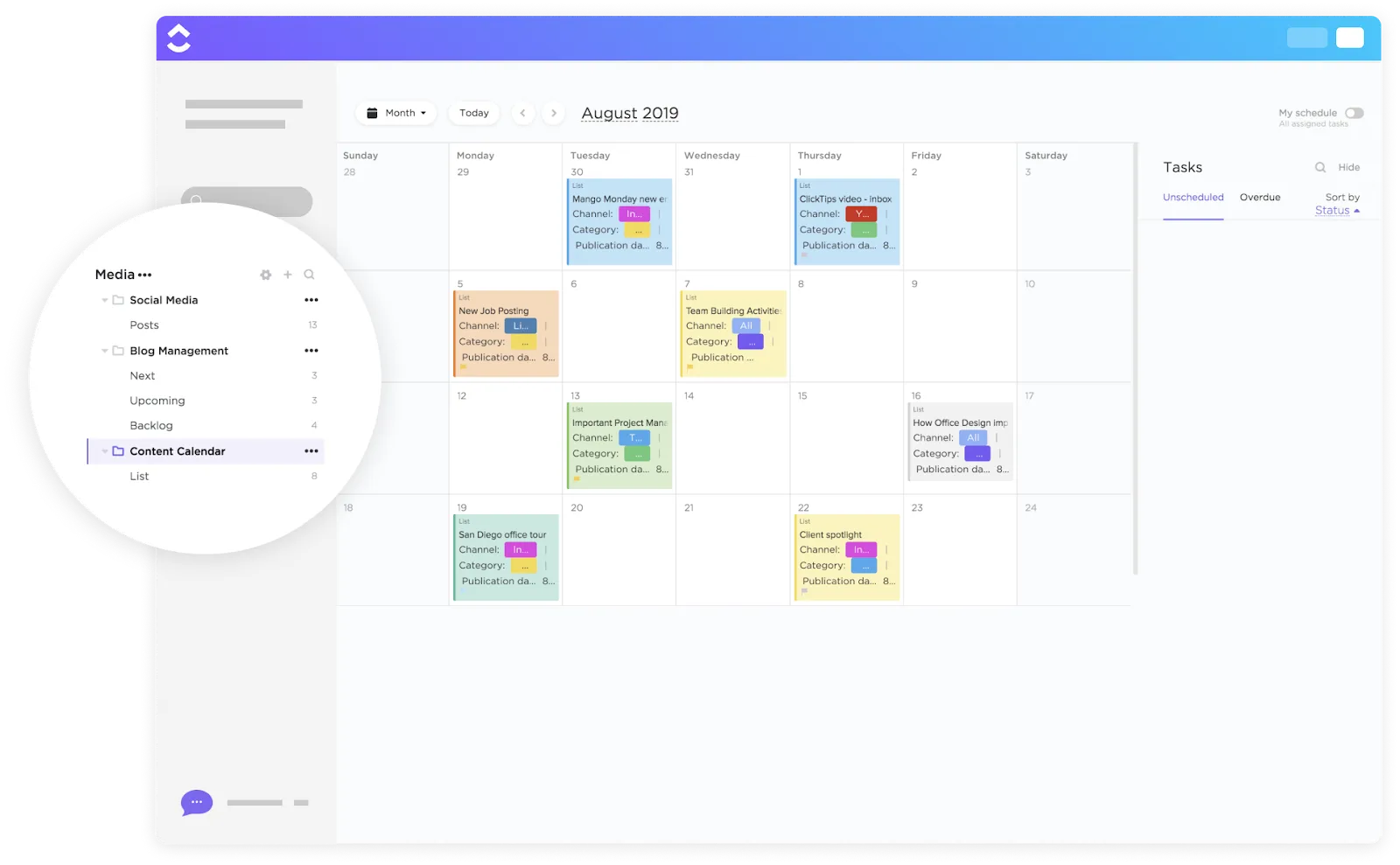 Planera, skapa och schemalägg innehåll enkelt med ClickUp-mallen för innehållskalender.