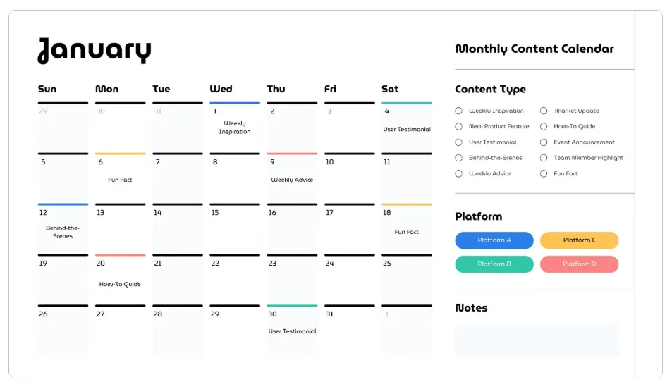 Template Kalender Konten Media Sosial Sederhana, Kreatif, dan Putih