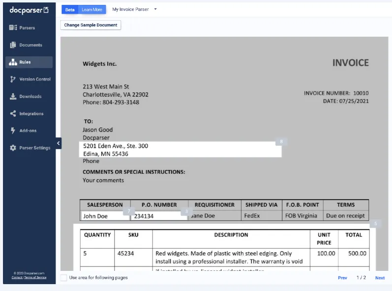 Docparser Dashboard: parsery PDF