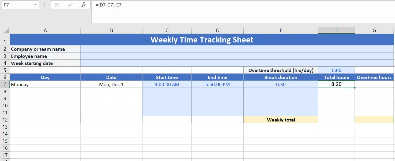 Bước 4: Thêm công thức để tính giờ làm việc hàng ngày - Theo dõi thời gian trong Excel