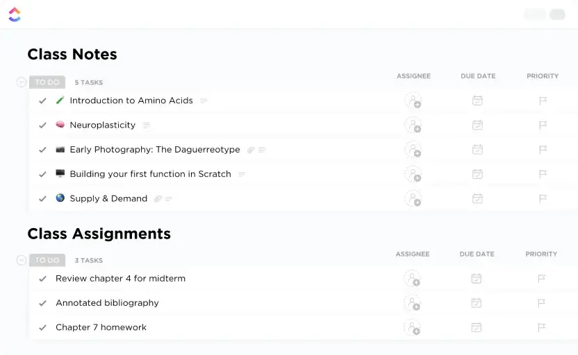 Les modèles pour étudiants de ClickUp aident les étudiants à rester organisés.