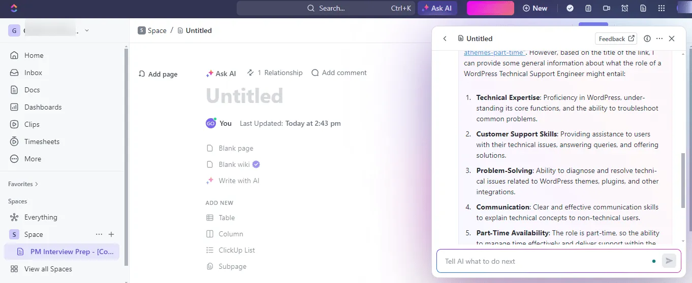 ทำให้การค้นหางานของคุณง่ายขึ้นด้วยการขอให้ ClickUp Brain สรุปข้อมูลสำคัญจากประกาศงาน