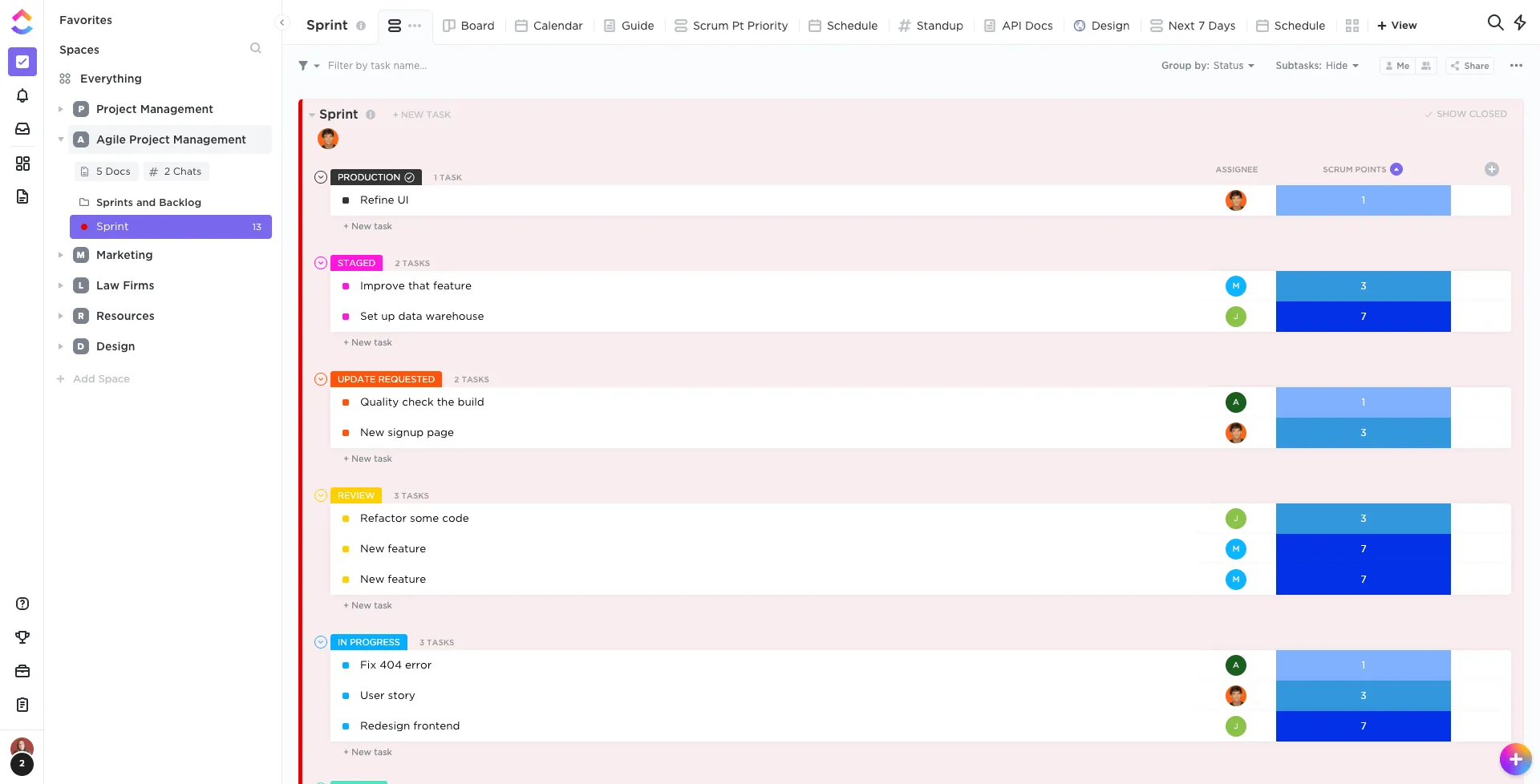 Exibição da lista do ClickUp mostrando o planejamento do sprint