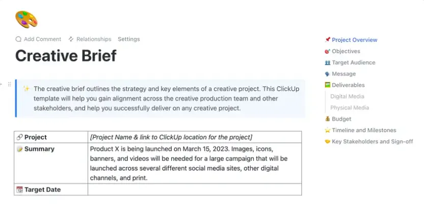 Elabore um roteiro abrangente para seu designer gráfico com o modelo de documento de briefing criativo do ClickUp.