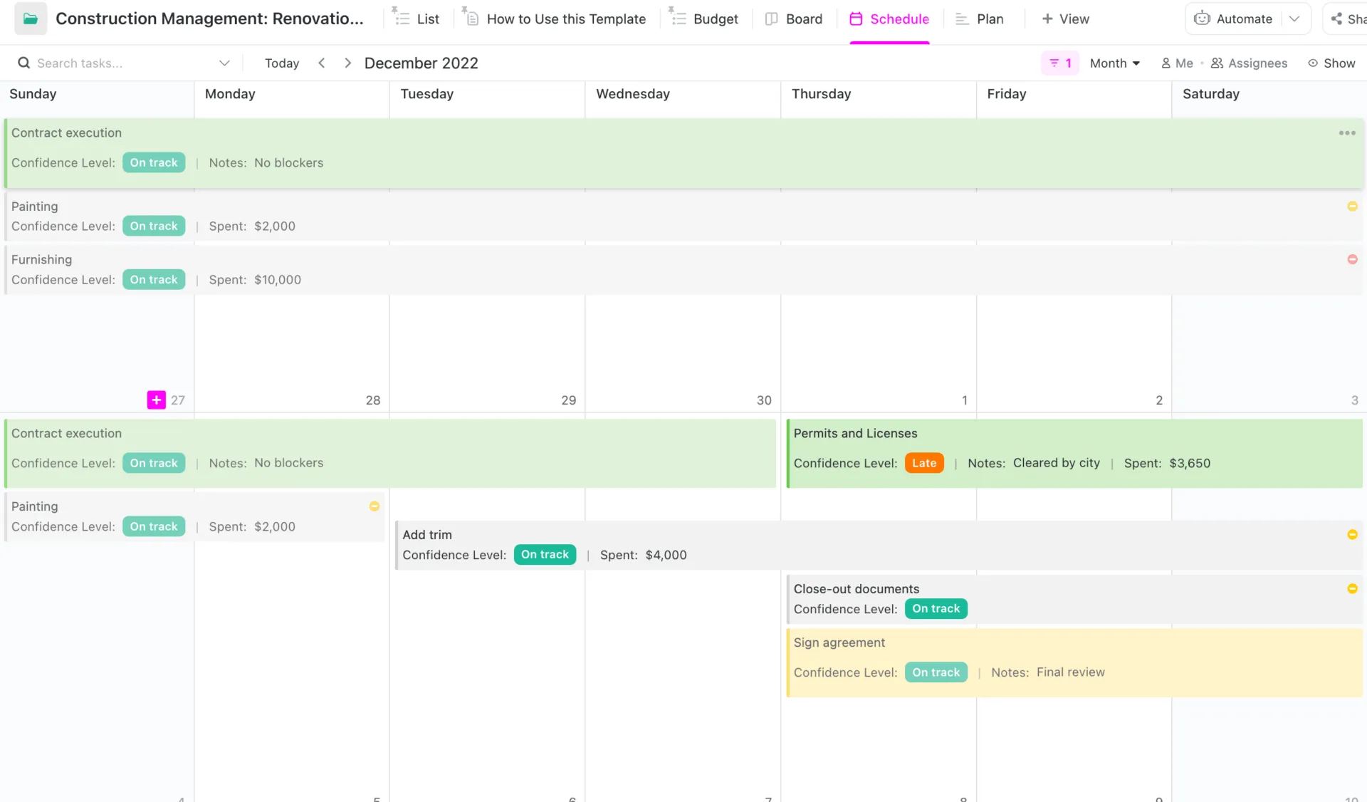 Inoltre, puoi utilizzare il modello di gestione delle costruzioni ClickUp per effettuare l'impostazione e l'allineamento delle pianificazioni dei progetti in una vista calendario.