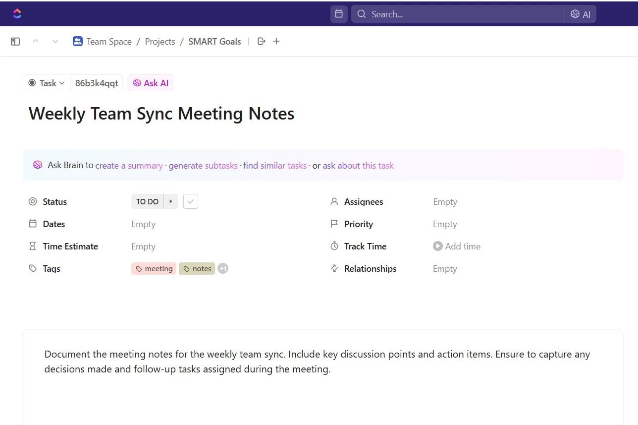 ClickUp Brain의 스마트 목표