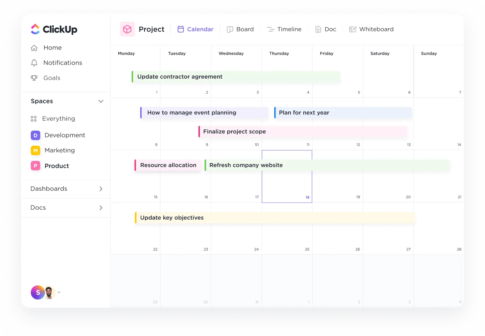 Halten Sie alle auf dem Laufenden und verwalten Sie Zeitleisten reibungslos mit der Kalender-Ansicht von ClickUp.