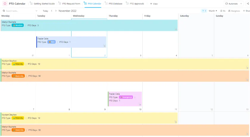 Plantilla de calendario de vacaciones de ClickUp; plantilla de plan de ausencia de la oficina.