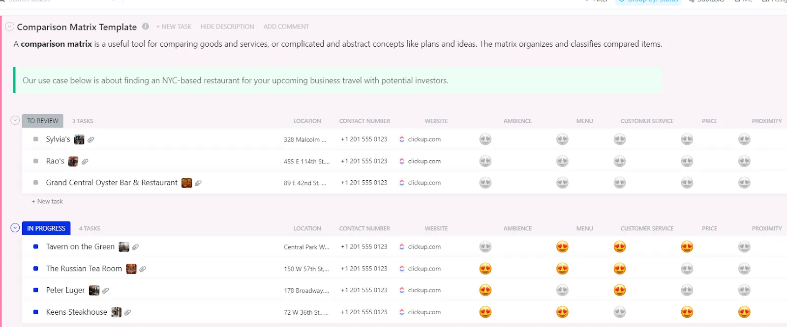 يدعم قالب بطاقة المعركة من ClickUp أفضل ممارسات المبيعات