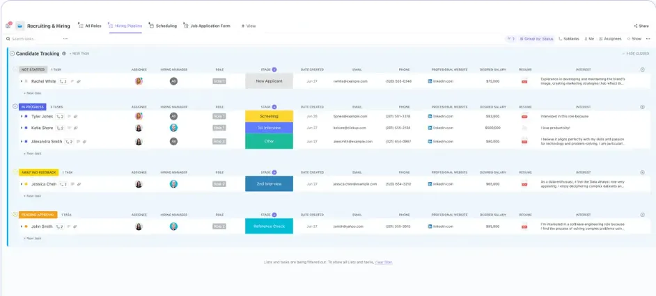 Organize seu processo de contratação com este modelo completo de recrutamento e contratação do ClickUp.
