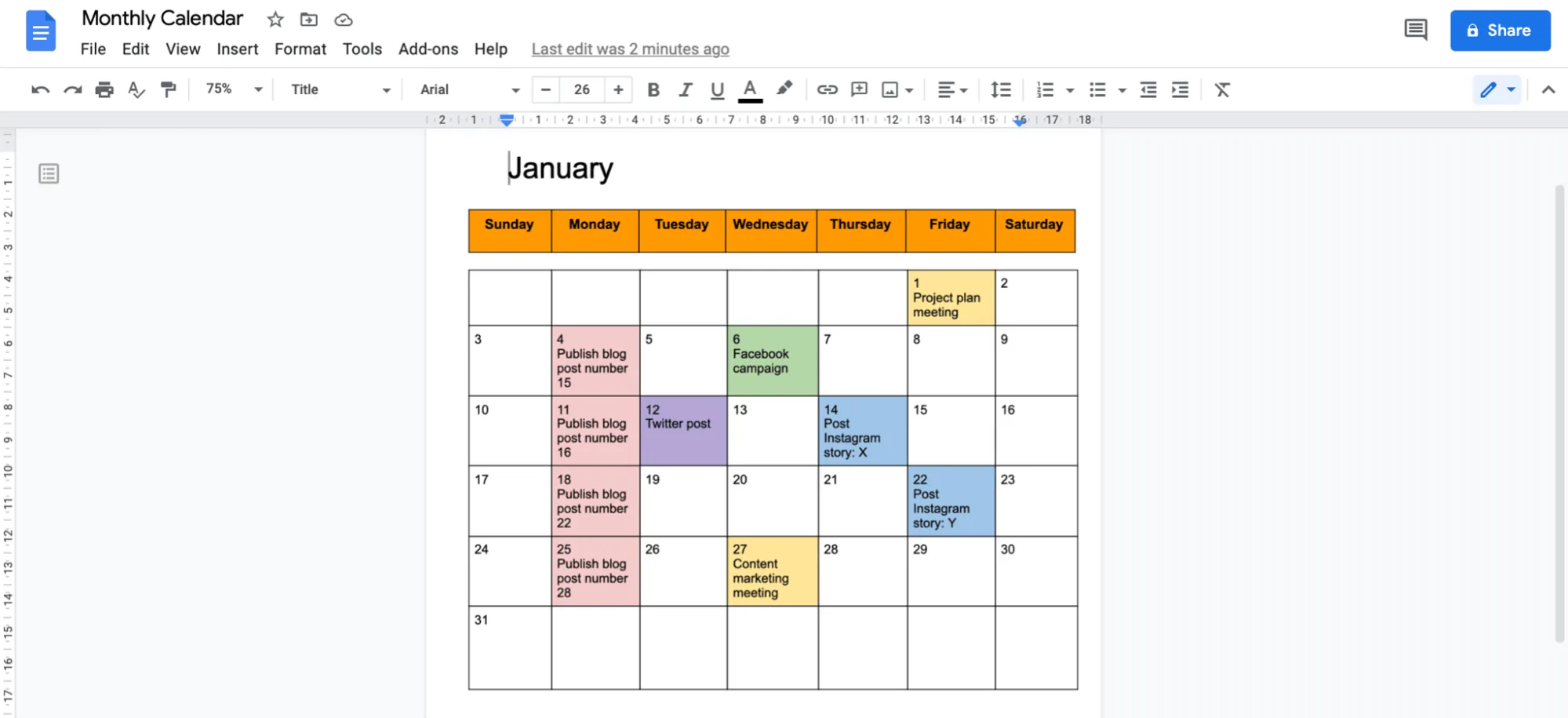 Kalender in Google Doc