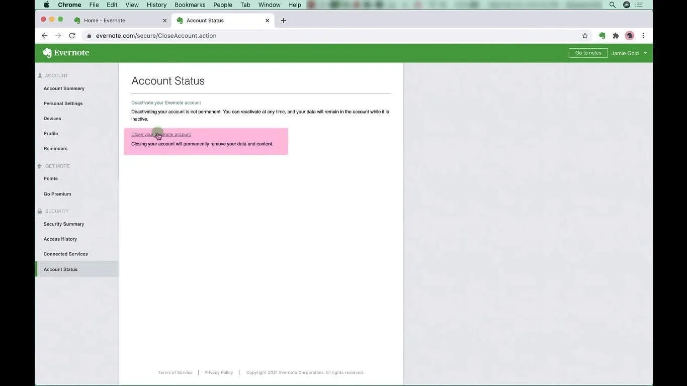 Registerkarte „Status“ des Evernote-Kontos des Benutzers