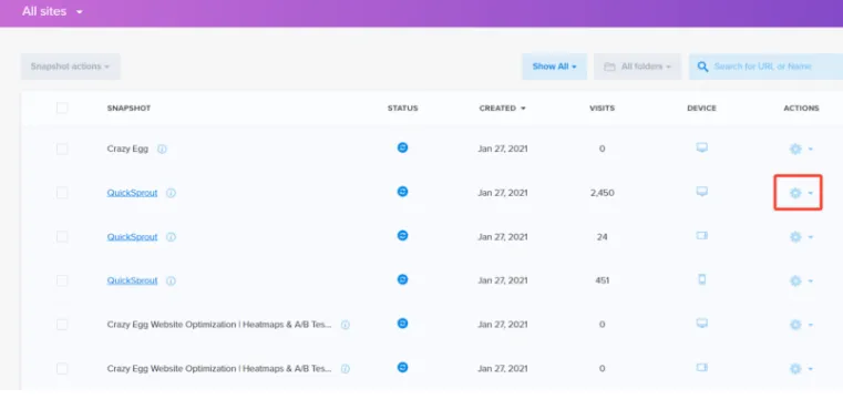 Crazy Egg-Snapshots auf einem Dashboard