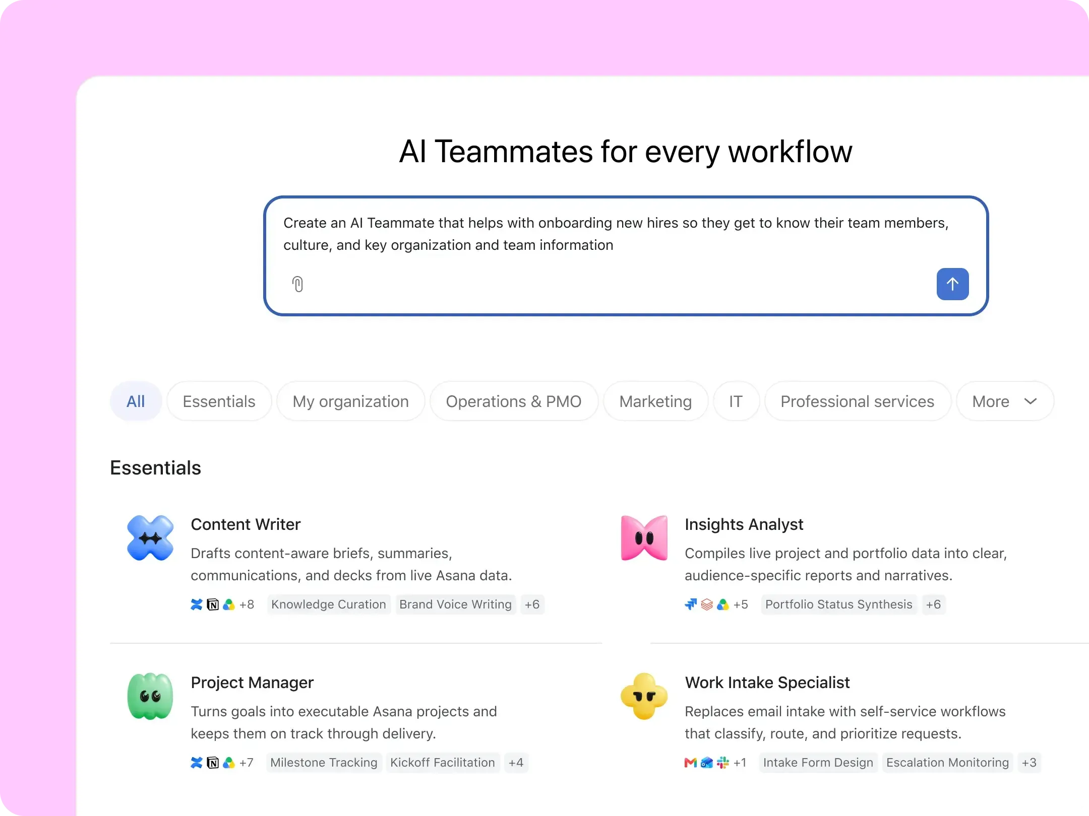 Asana AI Teammate-agenten som arbetar med ett projekt, visad i en sammanställning av AI-verktyg för projektledning