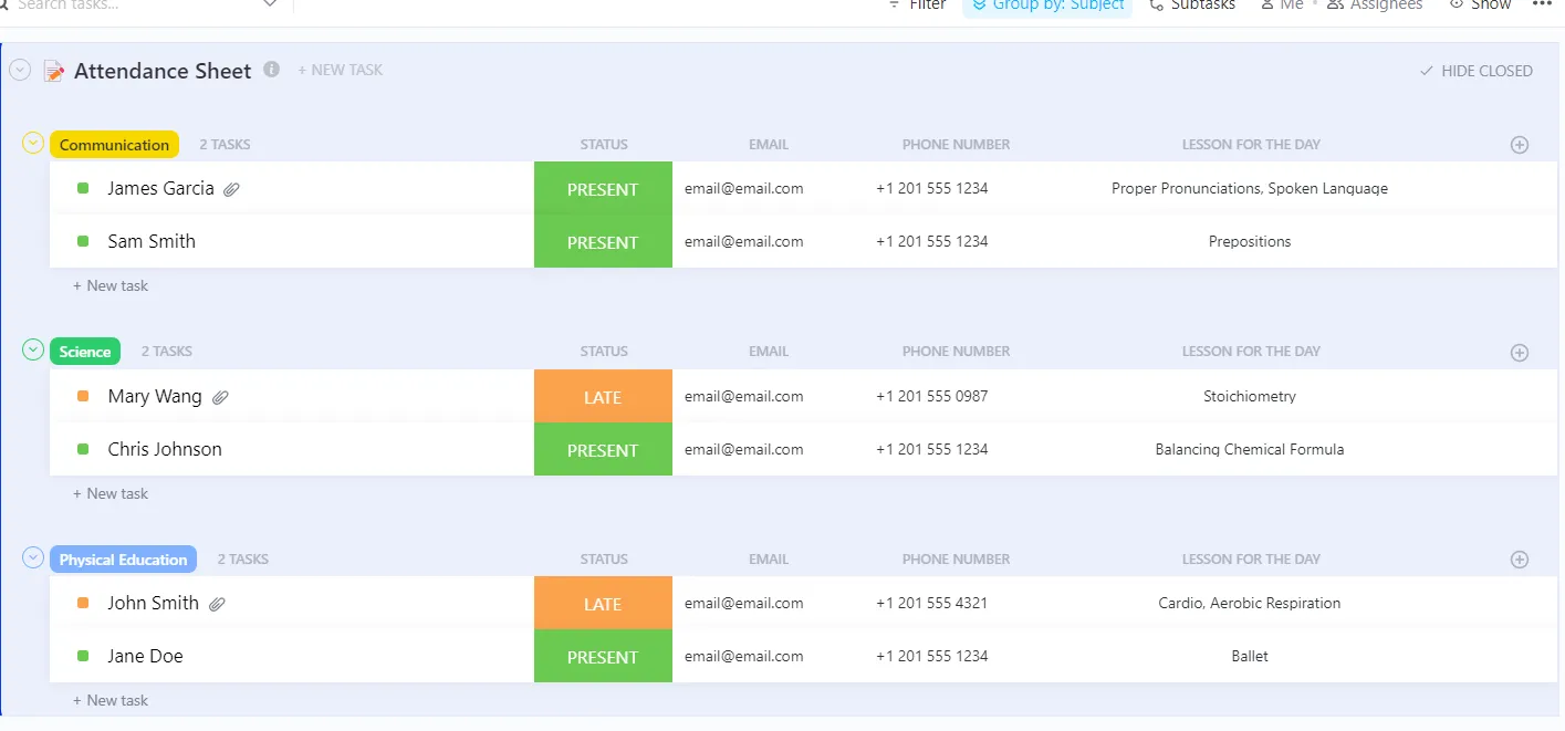 เทมเพลตแผ่นลงชื่อเข้าเรียน ClickUp: แผ่นลงชื่อเข้าเรียนเพื่อติดตามการเข้าร่วมและการมีส่วนร่วมของนักเรียนในแต่ละชั้นเรียน