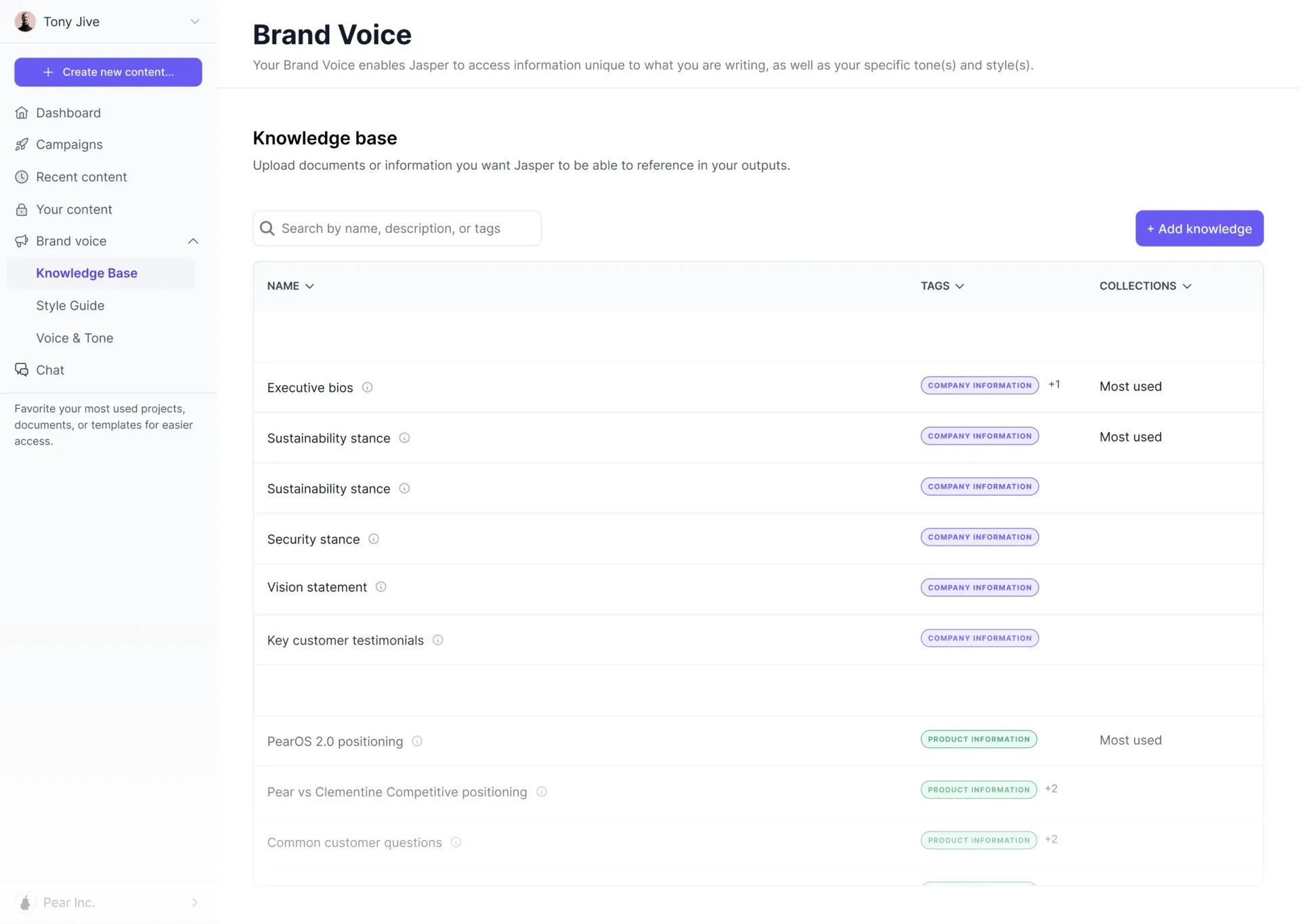 Datos de voz de marca utilizados por Jasper.ai