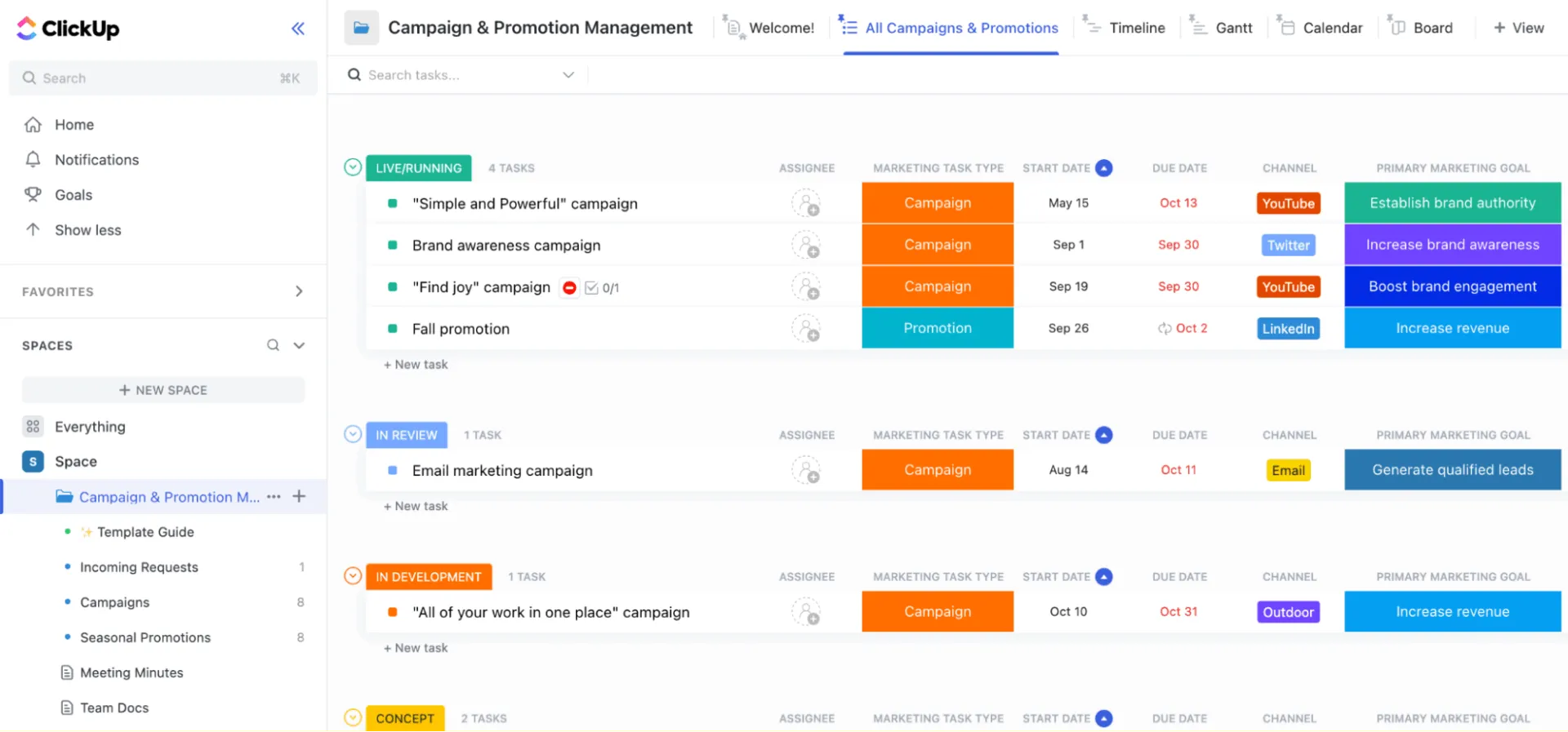 ClickUp kampány- és promóciókezelési sablon