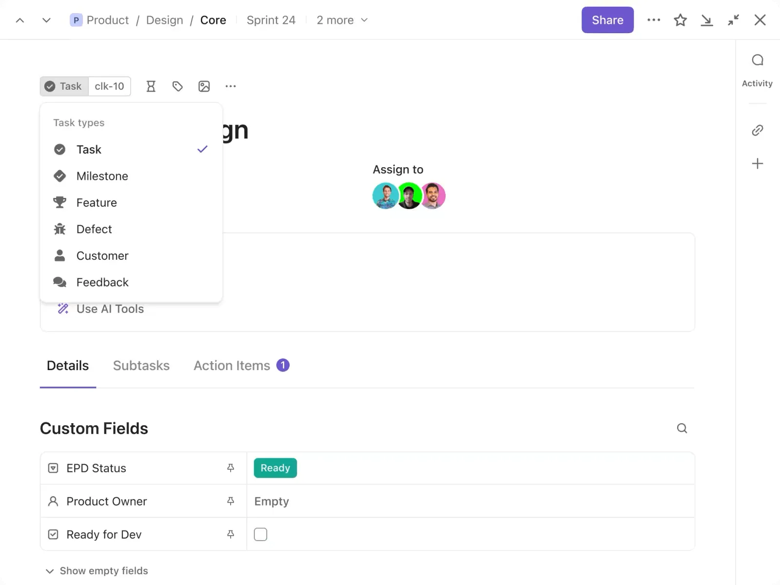 Types de tâches personnalisées ClickUp